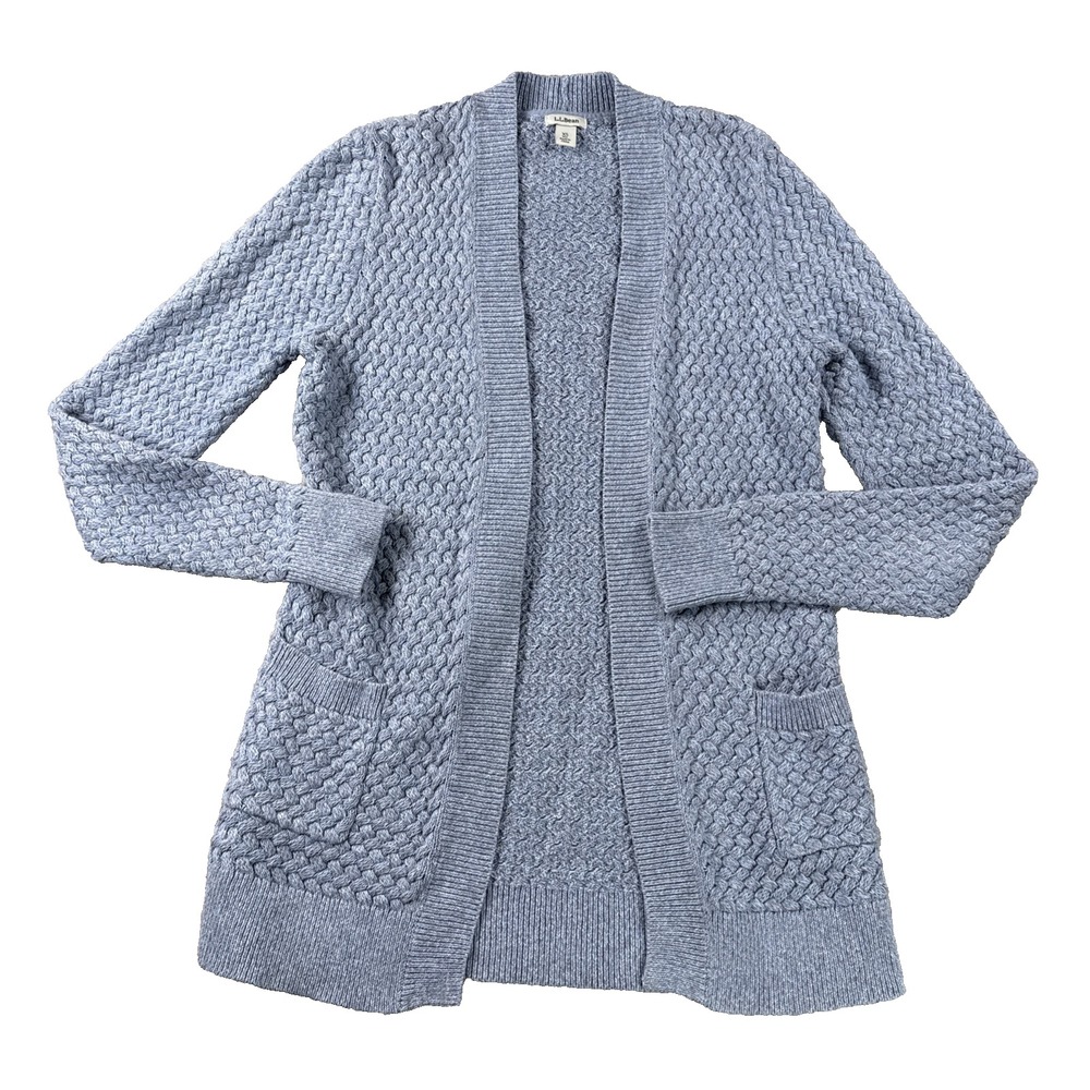LL Bean Cardigan Womens XS‎ Blue Open Front Basket Weave Pockets Fisherman Cozy